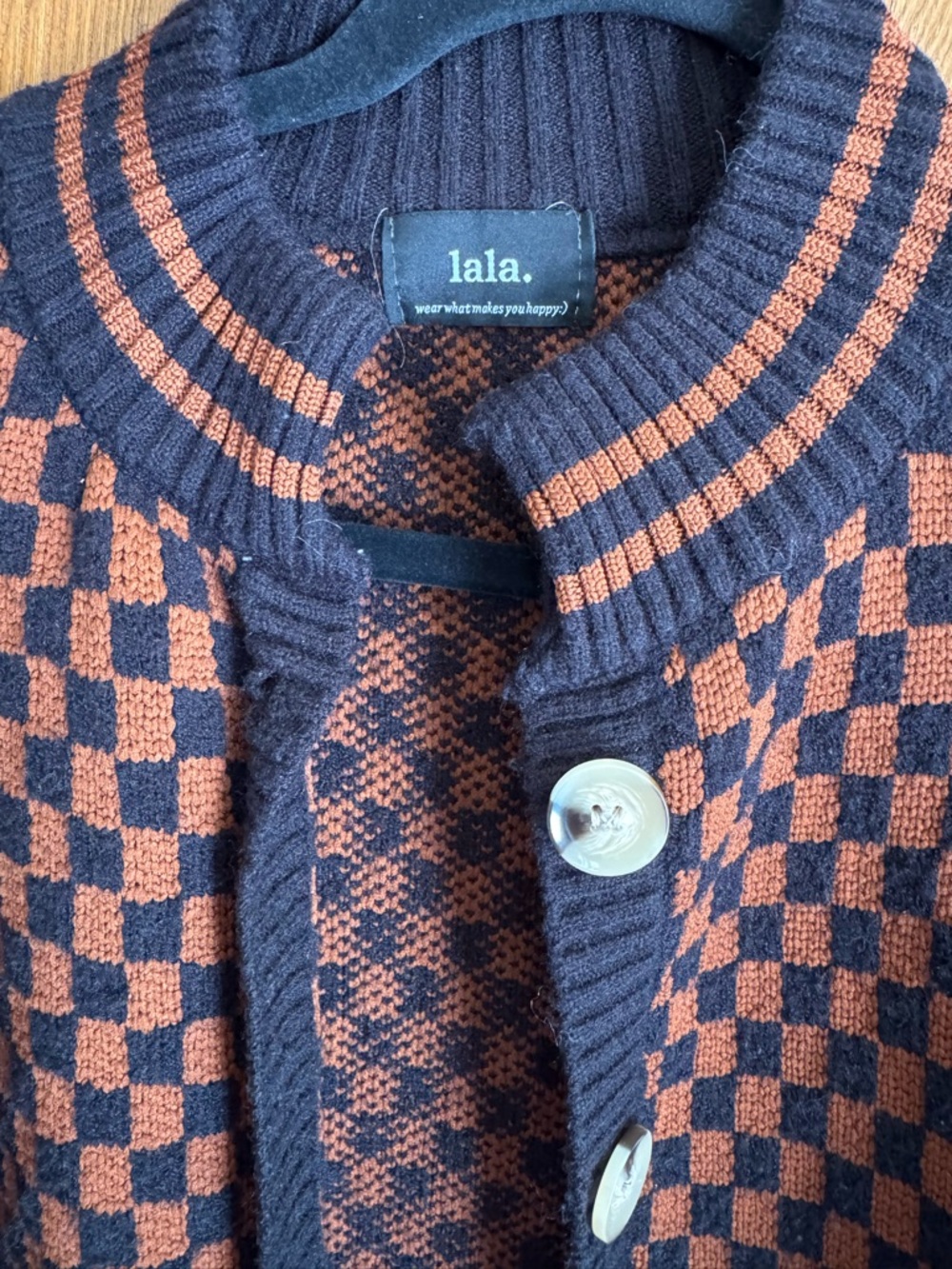 Dressed in LALA Orange and Brown Checkerboard Knit Cardigan - Picture 3 of 3